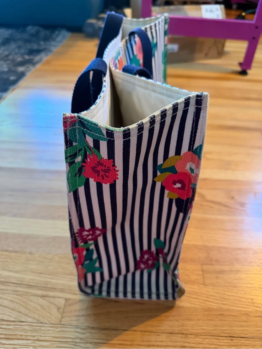 Spartina 449 Large Navy Stripe Floral Tote with Pink & Green Accents